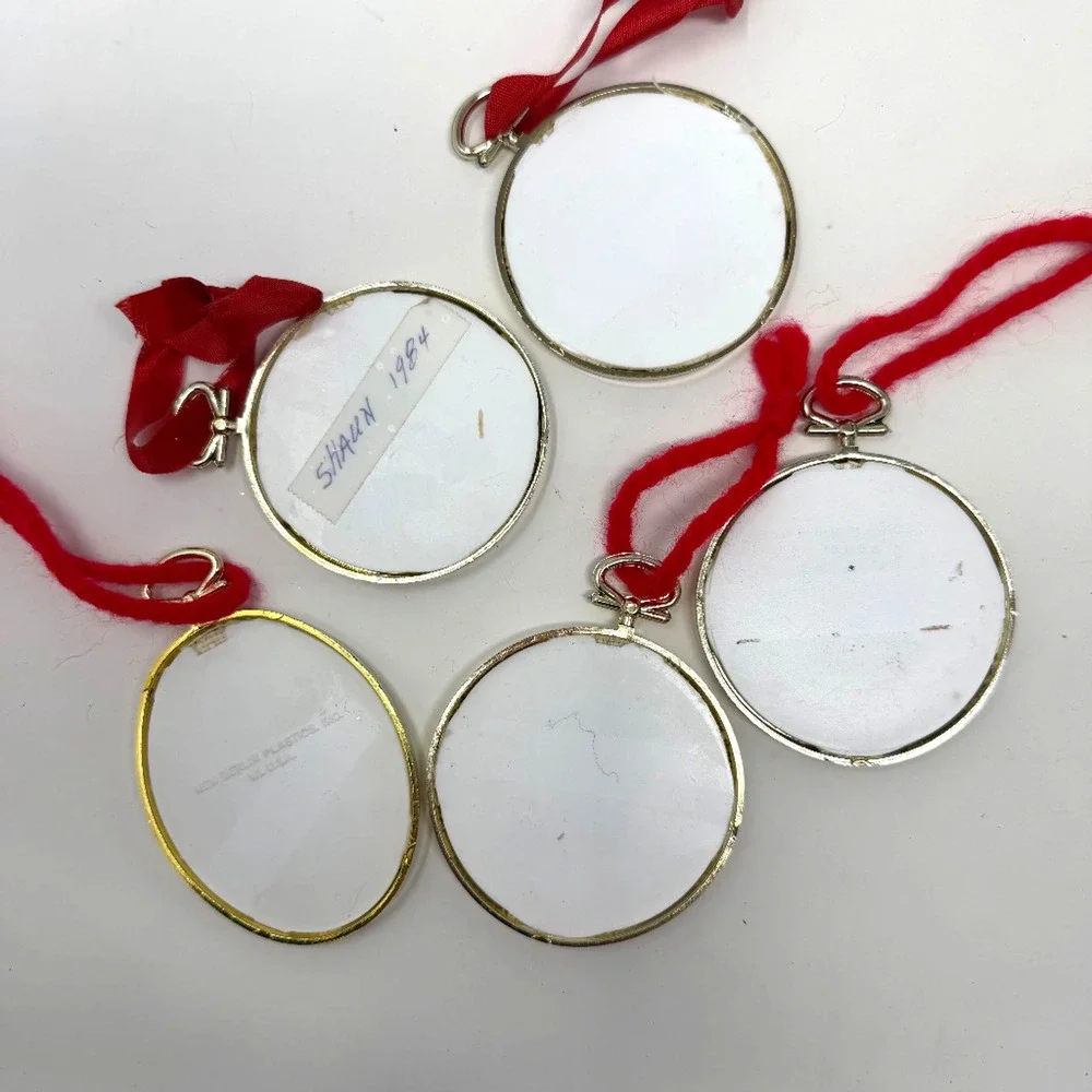 Lot of 5 Handmade Cross Stitch Christmas Ornaments Metal Frames Vintage